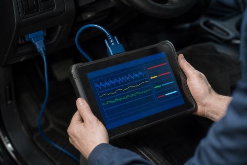 Mehanik z diagnostično tablico, priklopljeno na priključek OBD pod armaturno ploščo