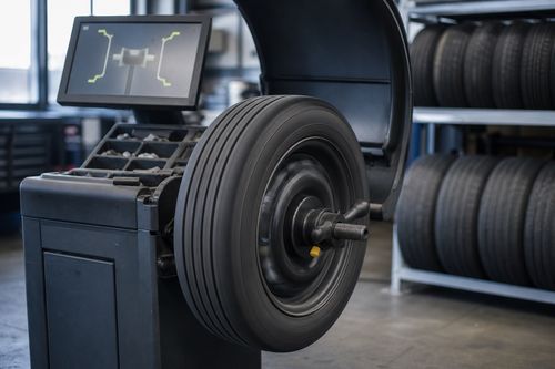 Kolo na stroju za centriranje, v ozadju zložene pnevmatike